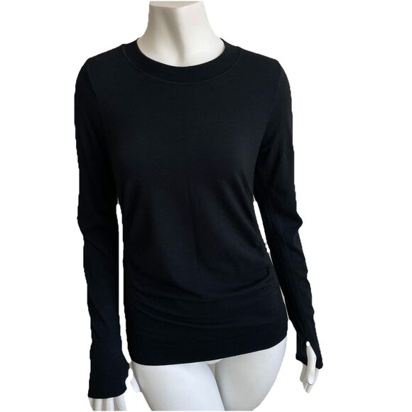 Athleta Speedlight Seamless Wool Blend Top Black Ruched Size Medium Baselayer - Picture 1 of 13
